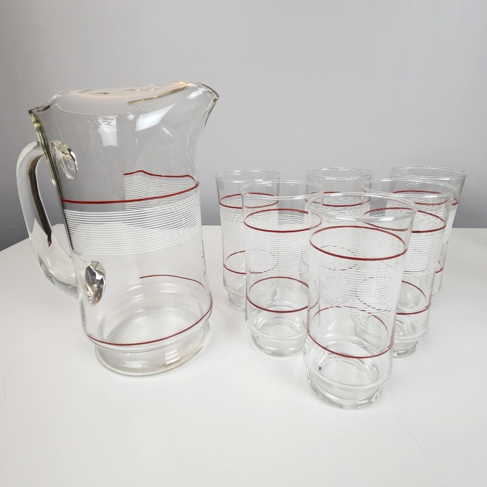 Crisa Libbey 70s 80s Contempo Glass Pitcher And Tumblers Set White Red Stripes.